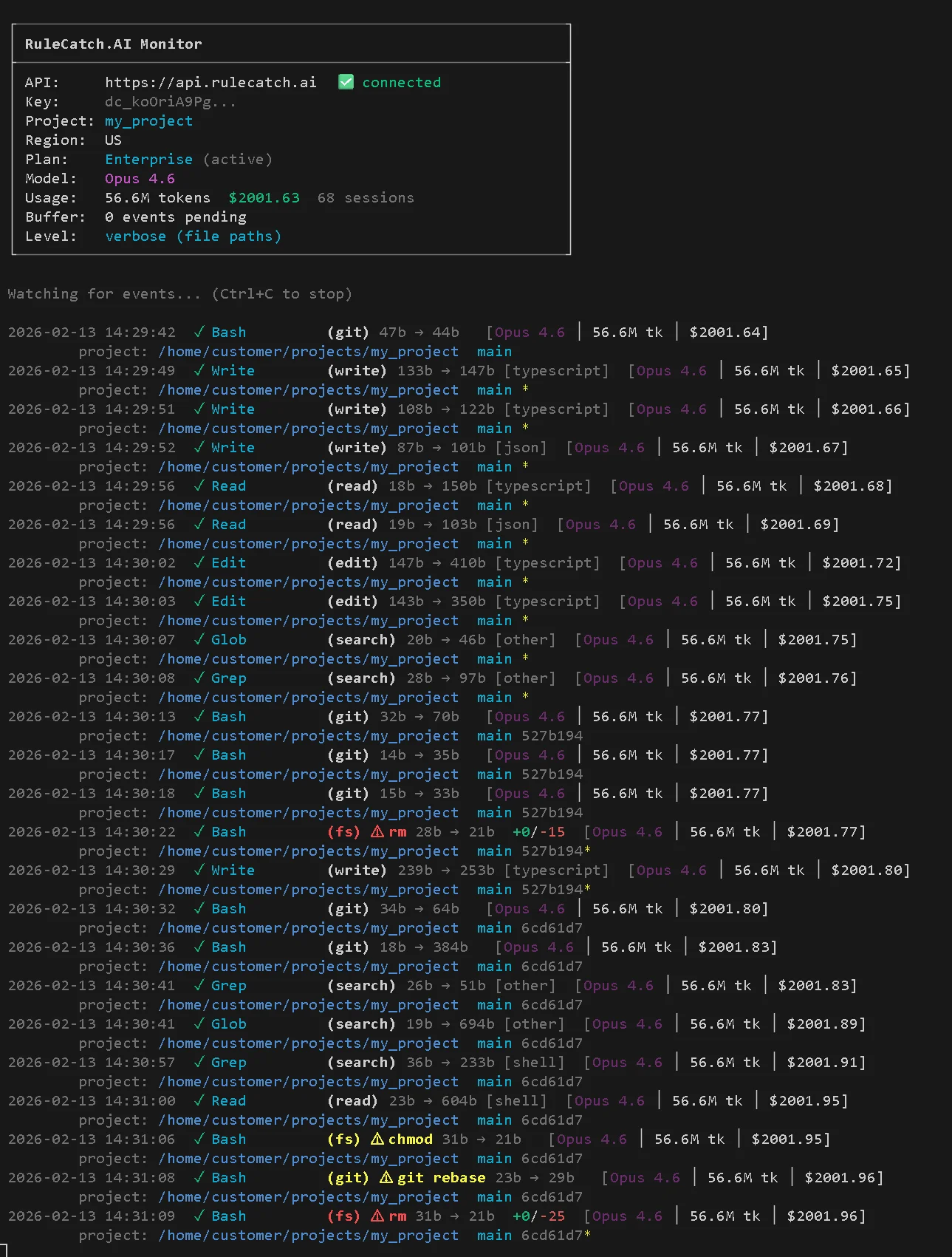 RuleCatch AI-Pooler Monitor — real-time session tracking showing tokens, cost, violations, and tool usage