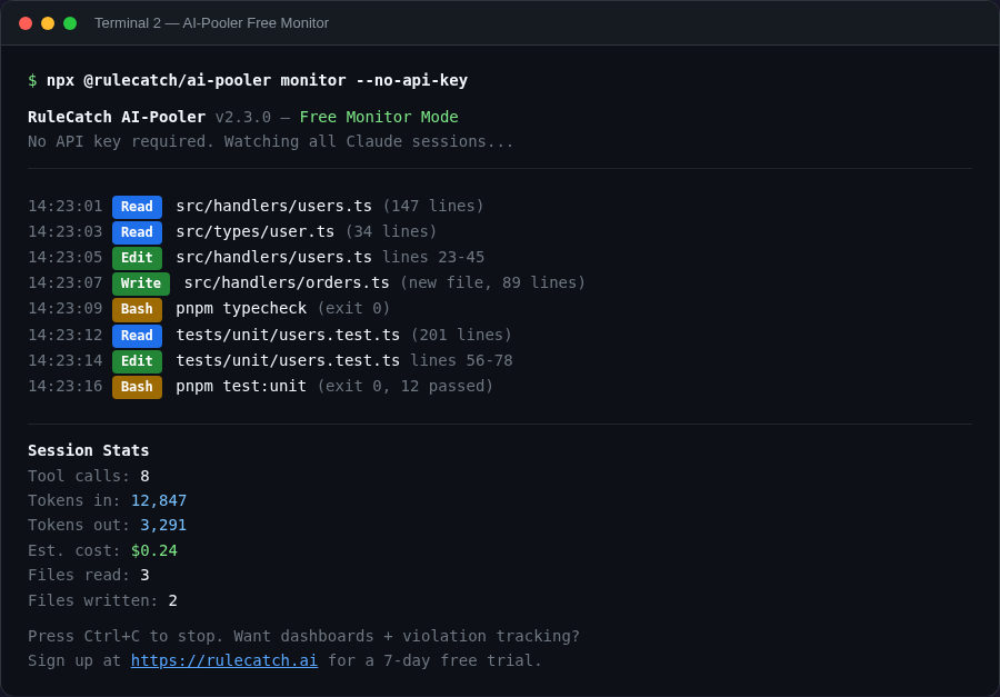 AI-Pooler free monitor showing live tool calls and cost