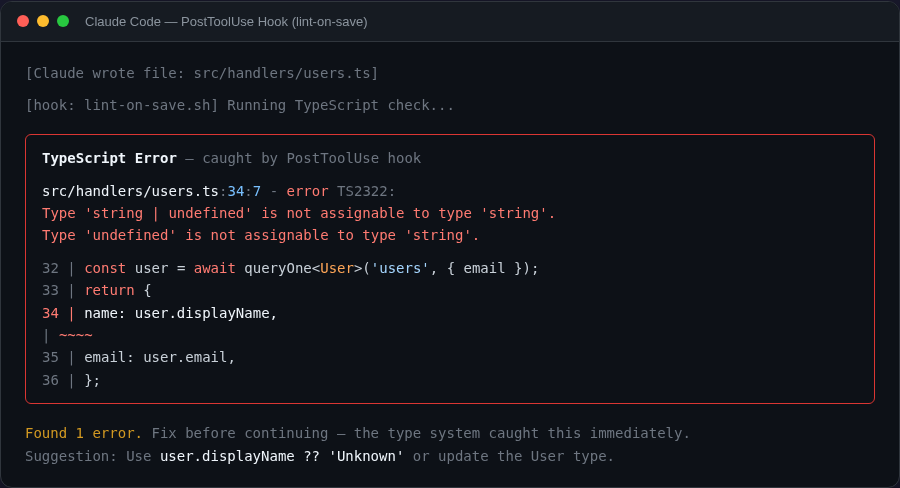 Lint-on-save hook catching TypeScript error