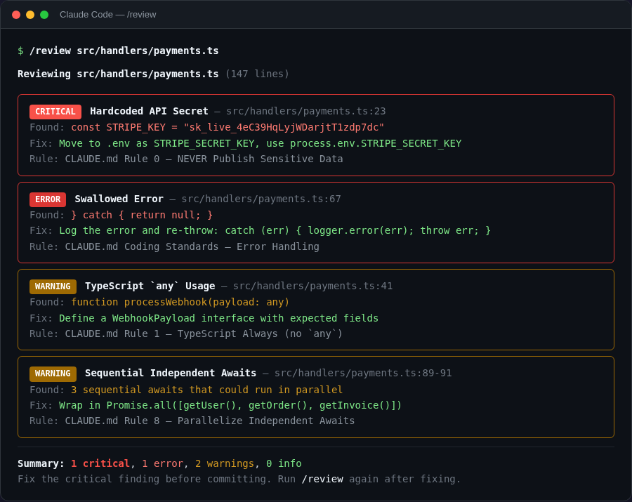 /review catching violations with severity badges