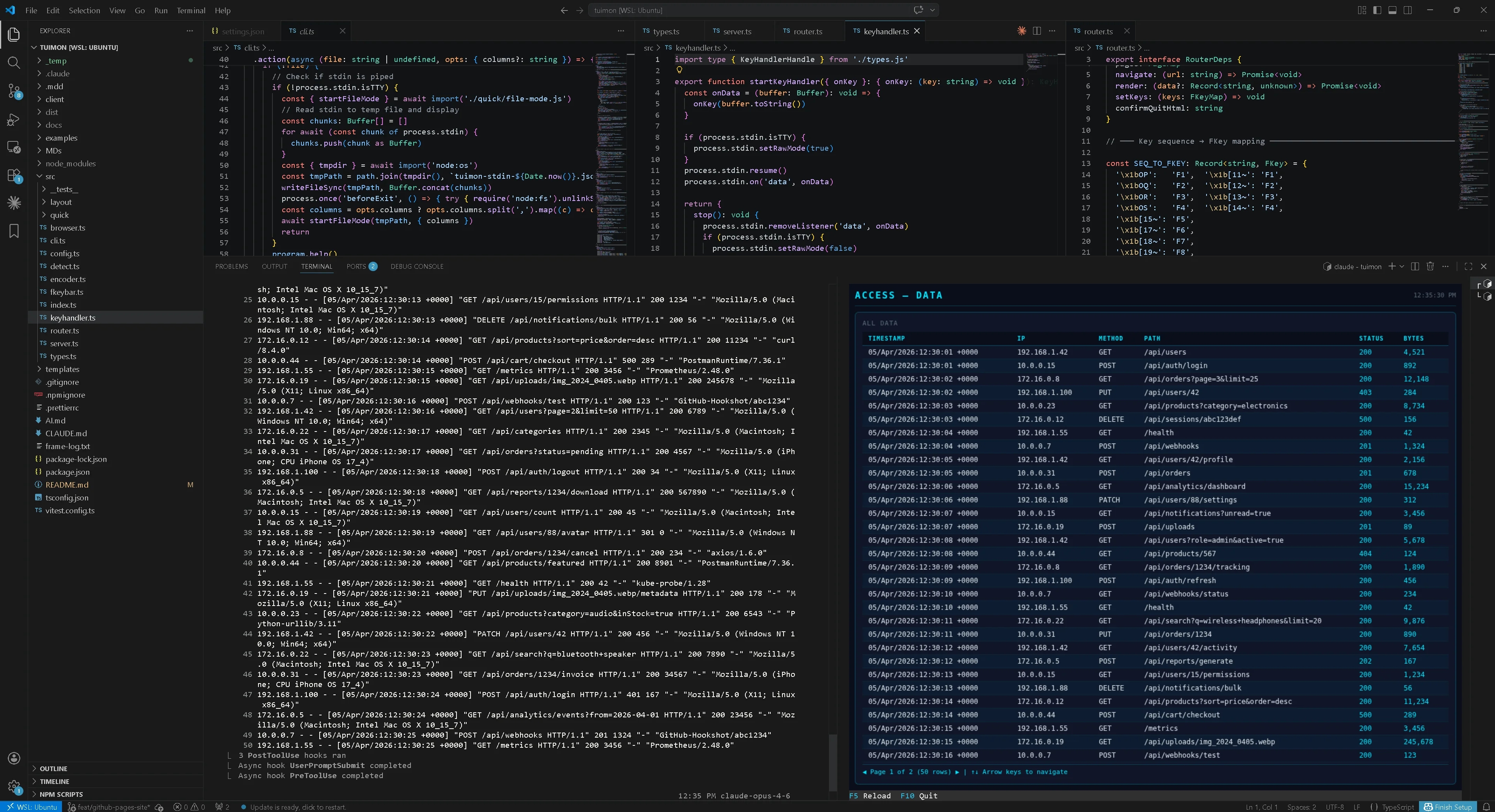 TuiMon analyzing an nginx access log with color-coded request table inside VS Code