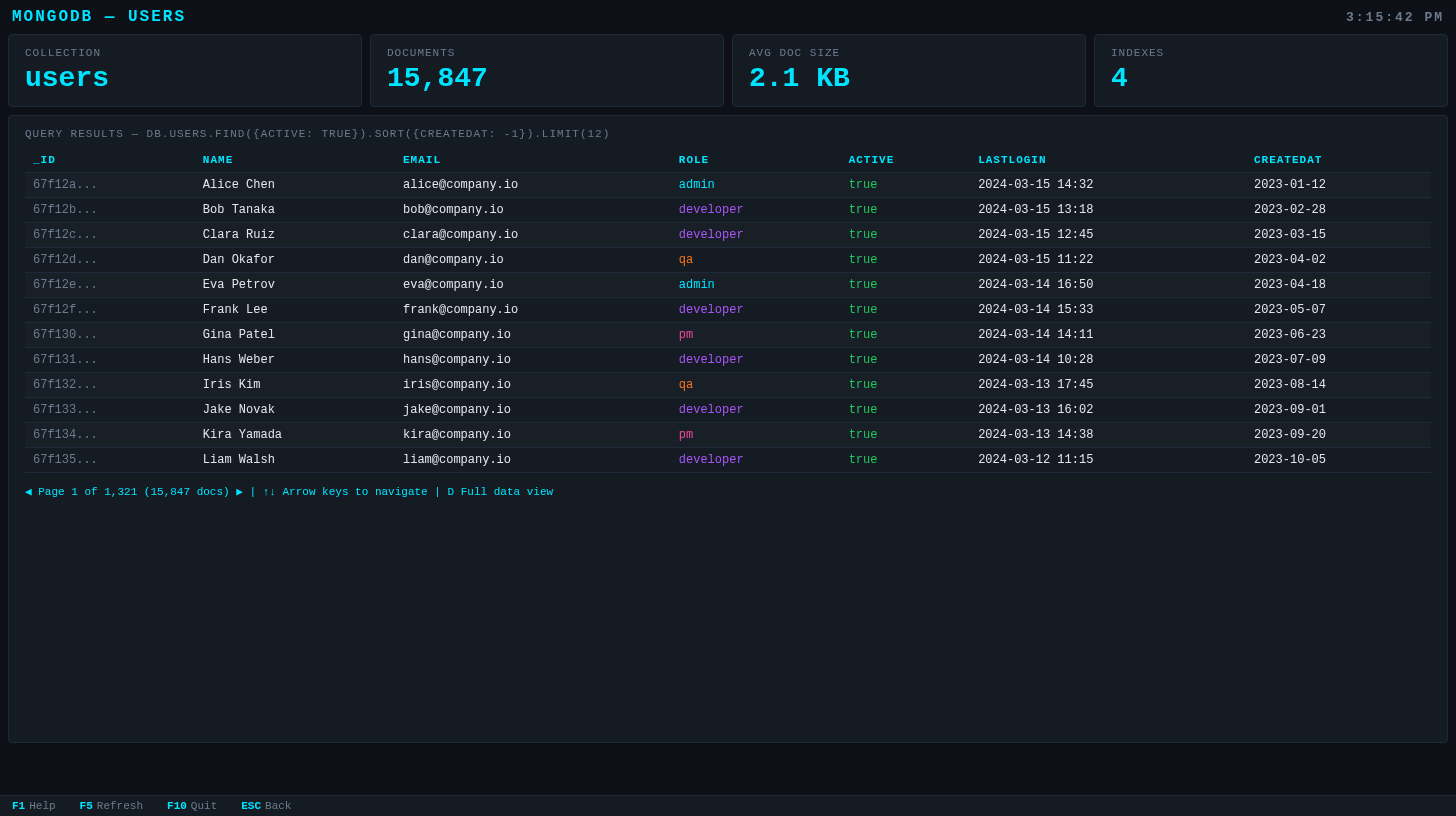 MongoDB database viewer showing query results in a table